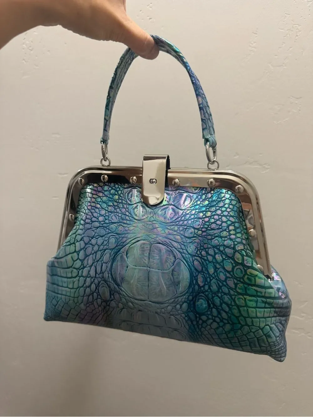 Iridescent Croc-Embossed Cowhide Handmade Unique Rivet Frame Bag, Large Size